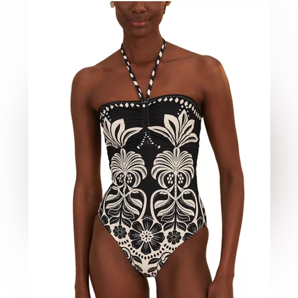 Farm Rio Black Flowers Leopards One-Piece Swimsuit. NWT